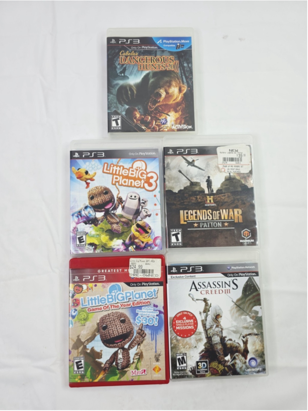 Lot Of 5 PS3 Games Legends Of War Patton, Assassins Creed III, Dangerous Hunts